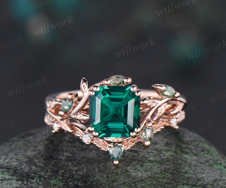 Asscher cut green emerald leaf engagement ring set art deco 14k rose gold cluster nature inspired moss agate bridal ring set women gift