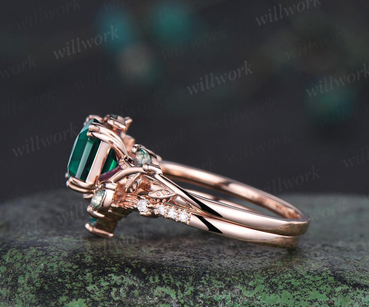 Asscher cut green emerald leaf engagement ring set art deco 14k rose gold cluster nature inspired moss agate bridal ring set women gift