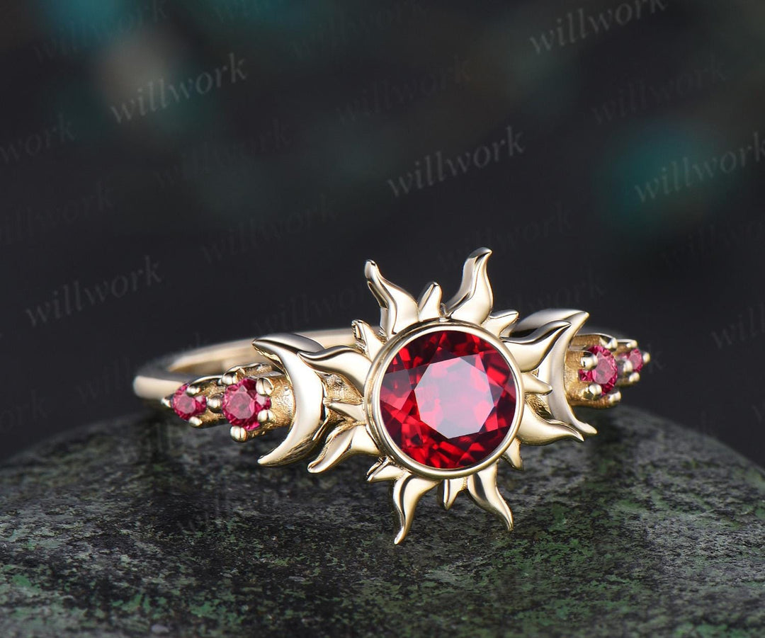Vintage round cut red ruby sun engagement ring bezel halo solid 14k yellow gold five stone moon unique wedding bridal ring women