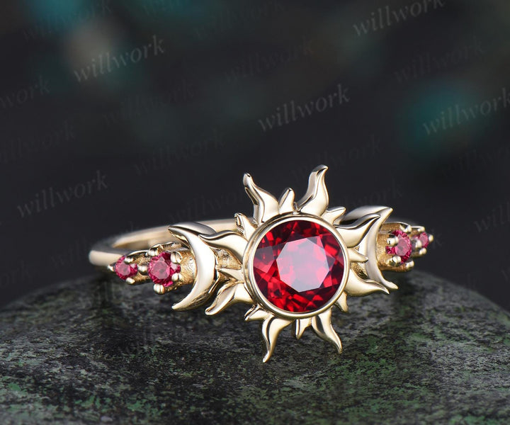 Vintage round cut red ruby sun engagement ring bezel halo solid 14k yellow gold five stone moon unique wedding bridal ring women