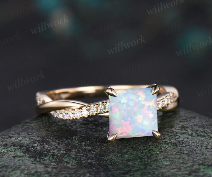 Square  white opal engagement ring vintage infinity twisted diamond 3/4 eternity anniversary ring solid 14k yellow gold dainty retro gift