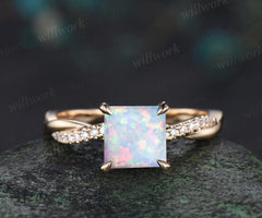 Square  white opal engagement ring vintage infinity twisted diamond 3/4 eternity anniversary ring solid 14k yellow gold dainty retro gift