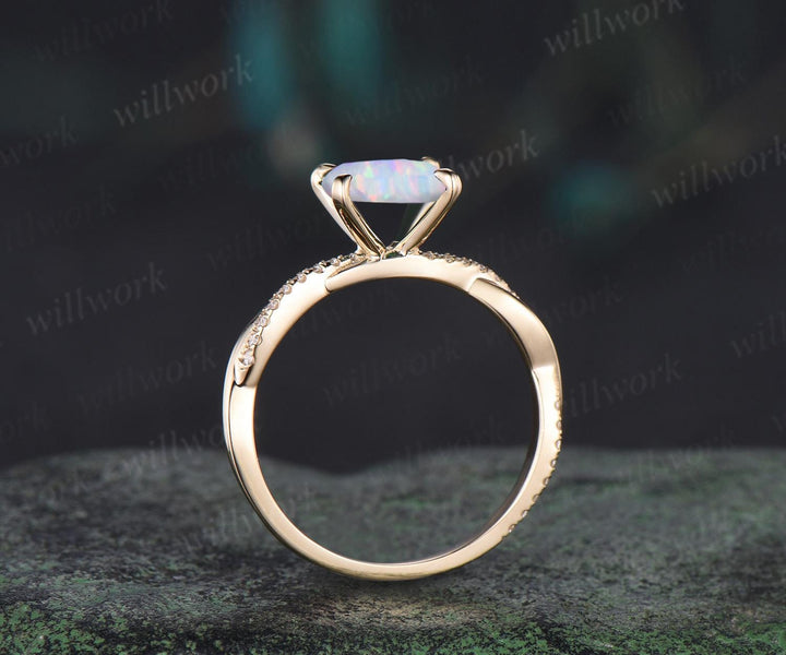 Square  white opal engagement ring vintage infinity twisted diamond 3/4 eternity anniversary ring solid 14k yellow gold dainty retro gift