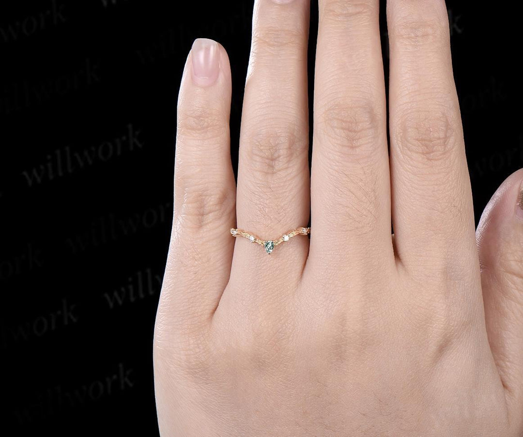 Vintage pear moss agate moissanite wedding band solid 14k yellow gold art deco leaf nature inspired stacking bridal anniversary ring women
