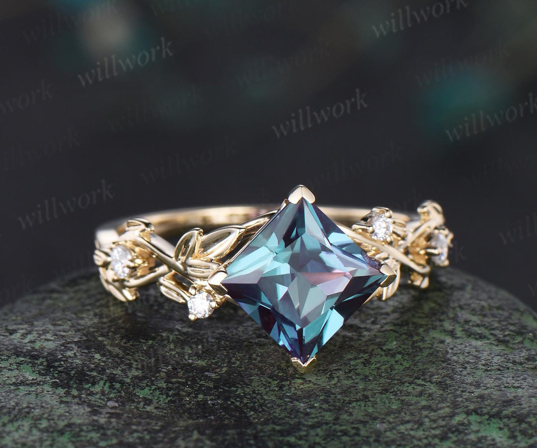 V prong princess cut alexandrite engagement ring solid 14k yellow gold five stone diamond leaf ring color change gemstone ring gift women