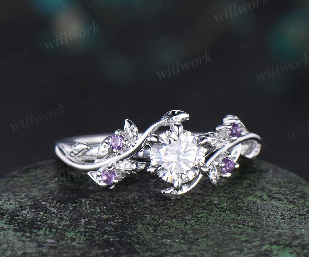 Round cut moissanite ring vintage leaf five stone branch engagement ring white gold nature inspired amethyst anniversary ring gift