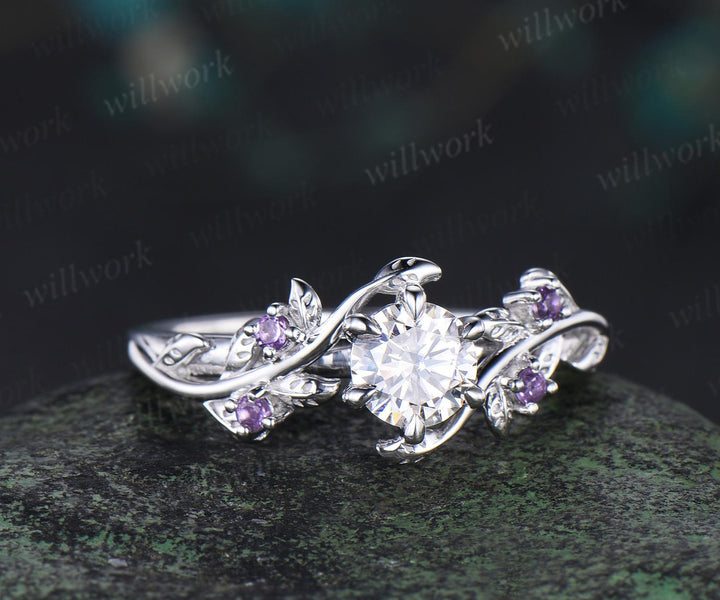 Round cut moissanite ring vintage leaf five stone branch engagement ring white gold nature inspired amethyst anniversary ring gift