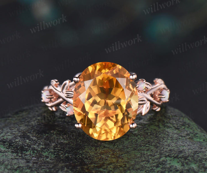 6ct oval cut yellow citrine engagement ring rose gold vintage leaf leaf nature inspired opal ring women unique anniversary gift