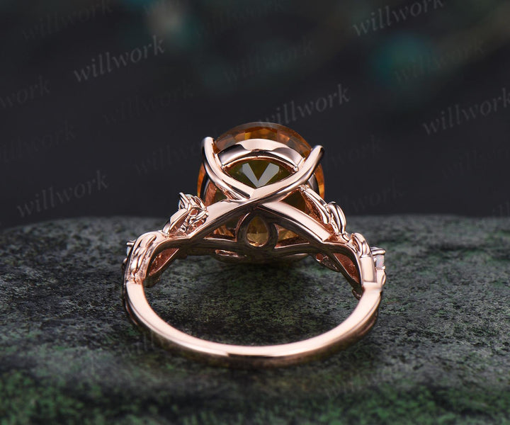 6ct oval cut yellow citrine engagement ring rose gold vintage leaf leaf nature inspired opal ring women unique anniversary gift