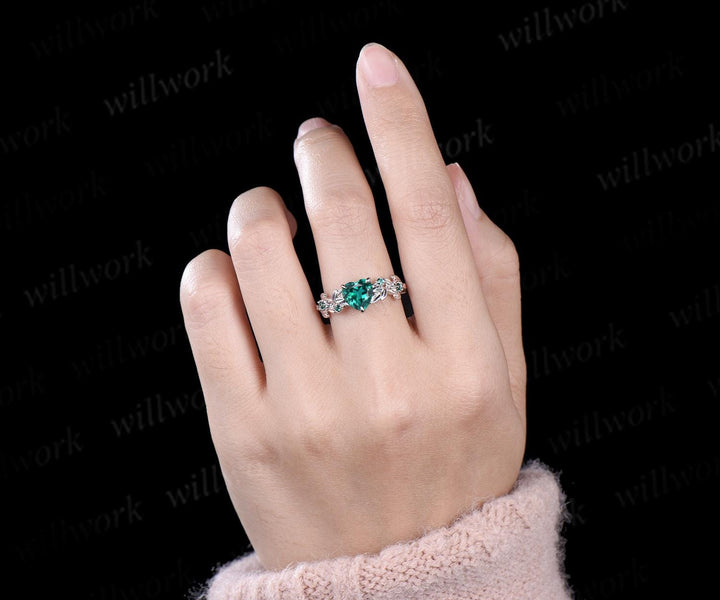 Twig heart cut green emerald engagement ring 14k white gold five stone emerald ring vintage retro gemstone leaf wedding ring women gift