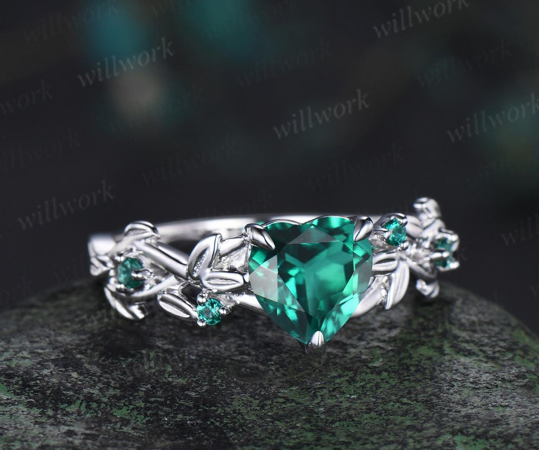 Twig heart cut green emerald engagement ring 14k white gold five stone emerald ring vintage retro gemstone leaf wedding ring women gift