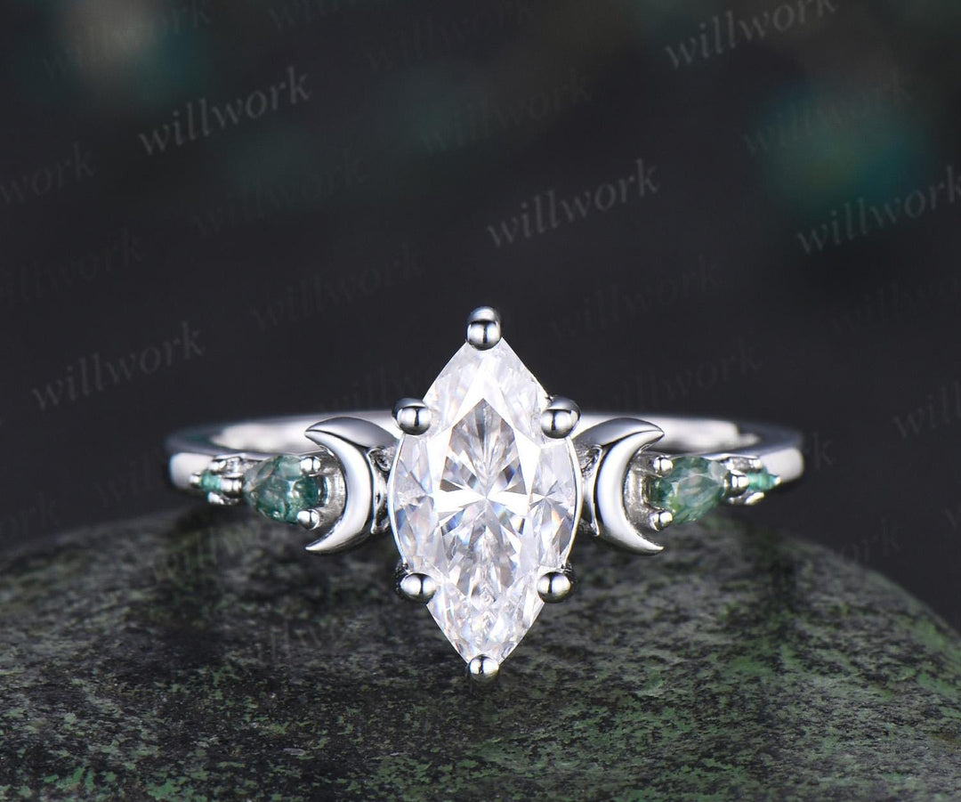 1ct marquise cut moissanite engagement ring set women 14k white gold 6 prong five stone moon moss agate stacking promise ring set