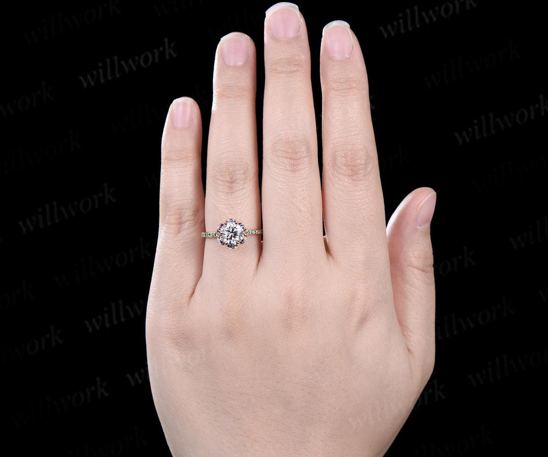Floral round cut IGI lab grown diamond engagement ring rose gold hidden halo natural sapphire emerald ring half eternity promise ring women