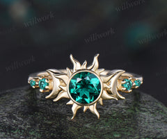 Vintage round cut green emerald sun engagement ring 14k yellow gold five stone moon unique bezel gemstone wedding bridal ring women
