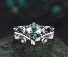 Round cut green moss agate moon engagement ring set white gold stacking five stone black spinel opal anniversary gift