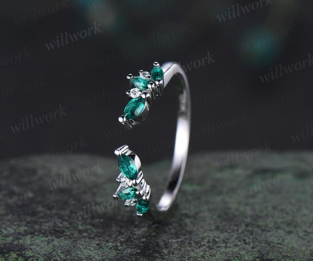 Open gap curved marquise cut emerald wedding band solid 14k white gold cluster diamond ring vintage bridal anniversary ring gift
