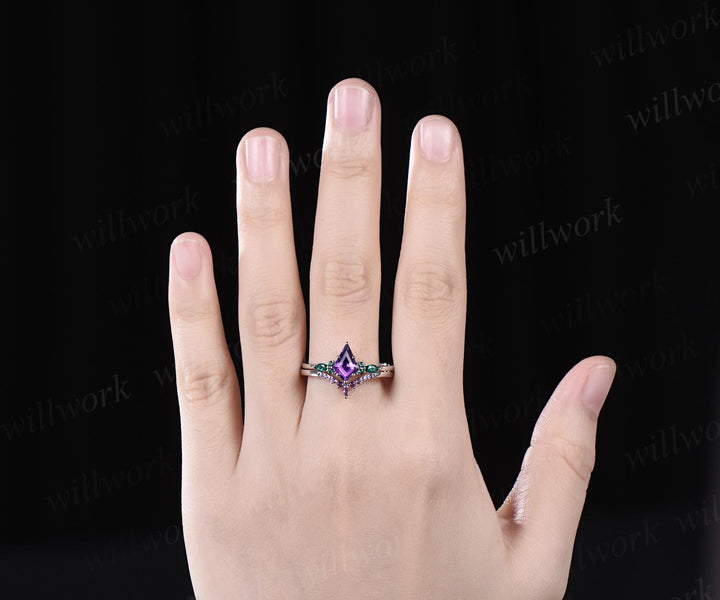 kite cut amethyst emerald engagement ring set solid 14k white gold stacking bridal ring set women gift