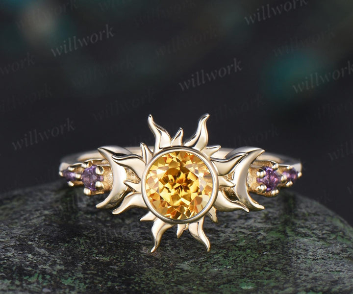 Vintage round cut citrine sun bezel engagement ring solid 14k yellow gold five stone amethyst moon unique bridal ring women