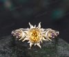 Vintage round cut citrine sun bezel engagement ring solid 14k yellow gold five stone amethyst moon unique bridal ring women
