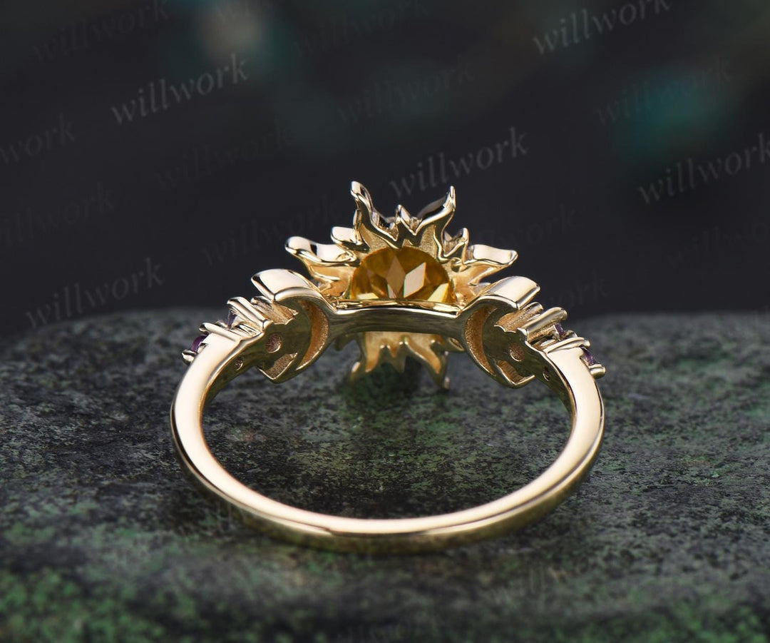 Vintage round cut citrine sun bezel engagement ring solid 14k yellow gold five stone amethyst moon unique bridal ring women