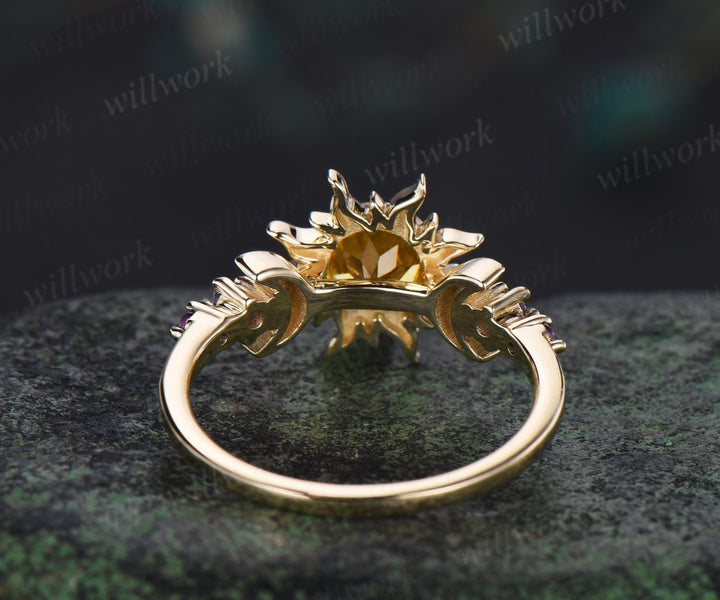 Vintage round cut citrine sun bezel engagement ring solid 14k yellow gold five stone amethyst moon unique bridal ring women