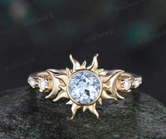 Round aquamarine ring vintage moon sun bezel engagement ring solid 14k yellow gold five stone diamond promise wedding ring women