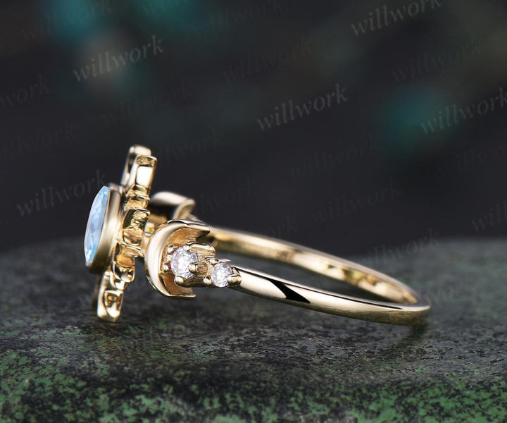 Round aquamarine ring vintage moon sun bezel engagement ring solid 14k yellow gold five stone diamond promise wedding ring women