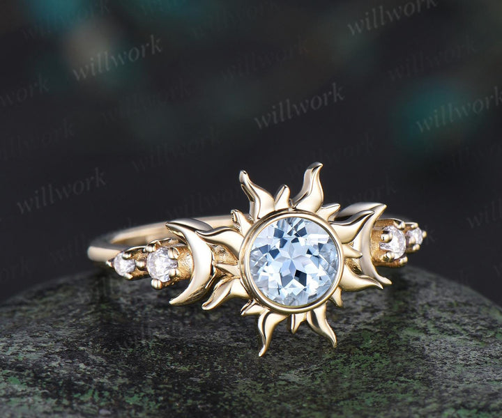 Round aquamarine ring vintage moon sun bezel engagement ring solid 14k yellow gold five stone diamond promise wedding ring women