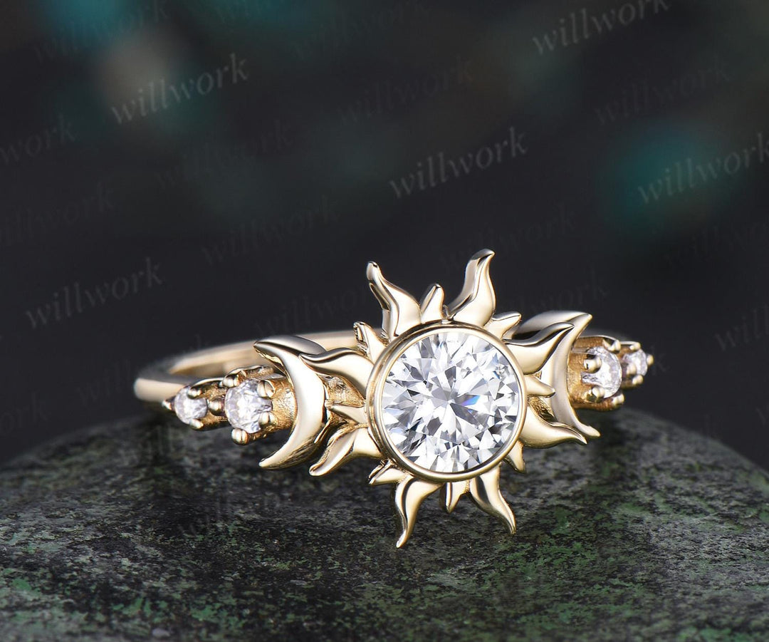 Round cut IGI lab grown diamond engagement ring sun moon promise ring her unique bezel five stone wedding ring women