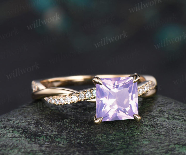 Princess cut Lavender Amethyst engagement ring 14k yellow gold 3/4 eternity twisted diamond ring vintage promise ring women jewelry