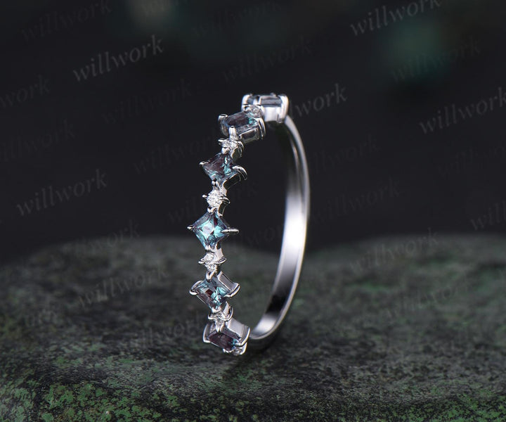 Princess cut alexandrite wedding band solid 14k white gold unique dainty diamond wedding ring band women anniversary ring gift