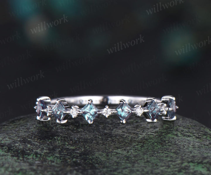 Princess cut alexandrite wedding band solid 14k white gold unique dainty diamond wedding ring band women anniversary ring gift