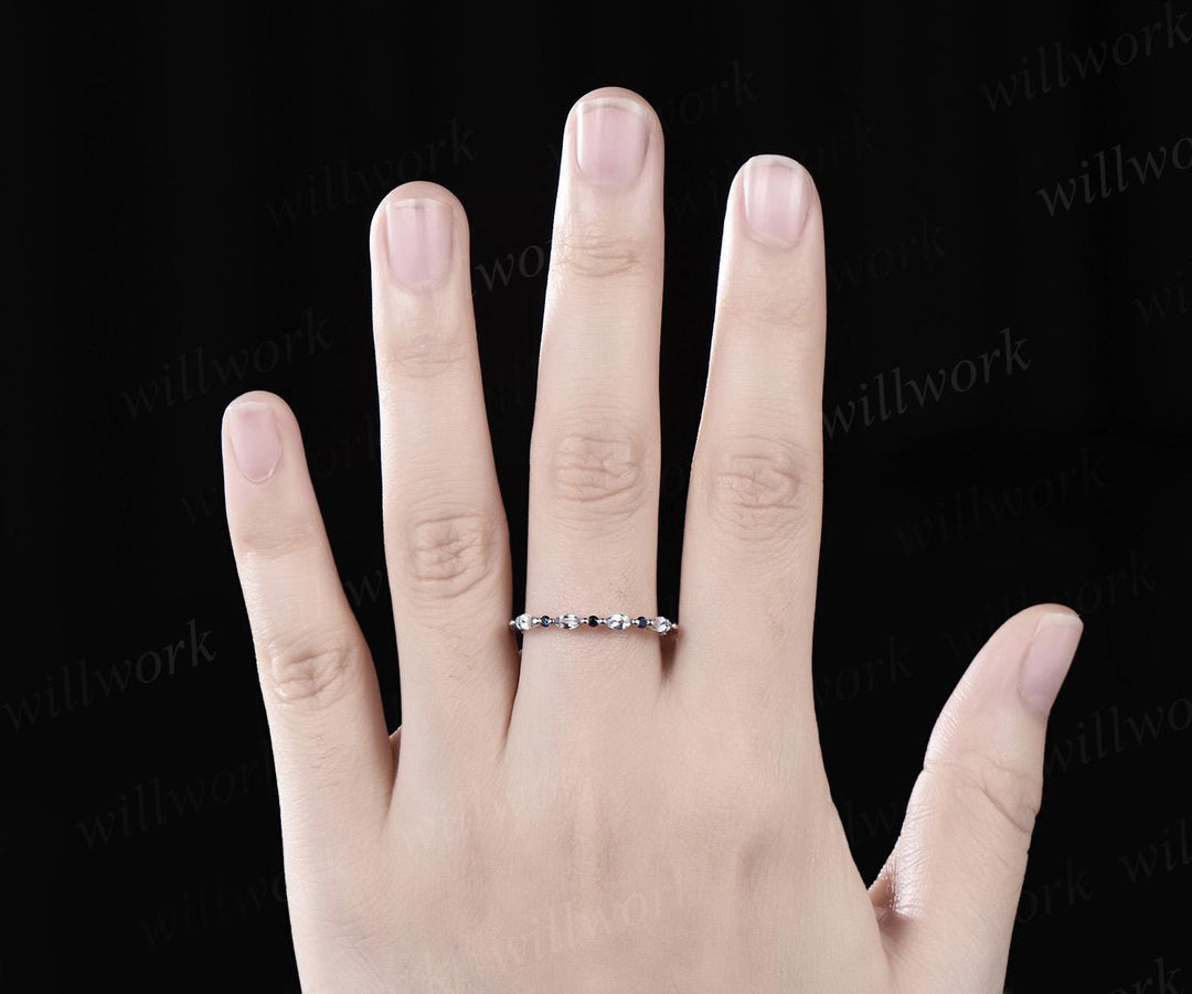 Marquise cut aquamarine wedding band art deco natural sapphire diamond wedding ring band 14k white gold anniversary bridal ring women