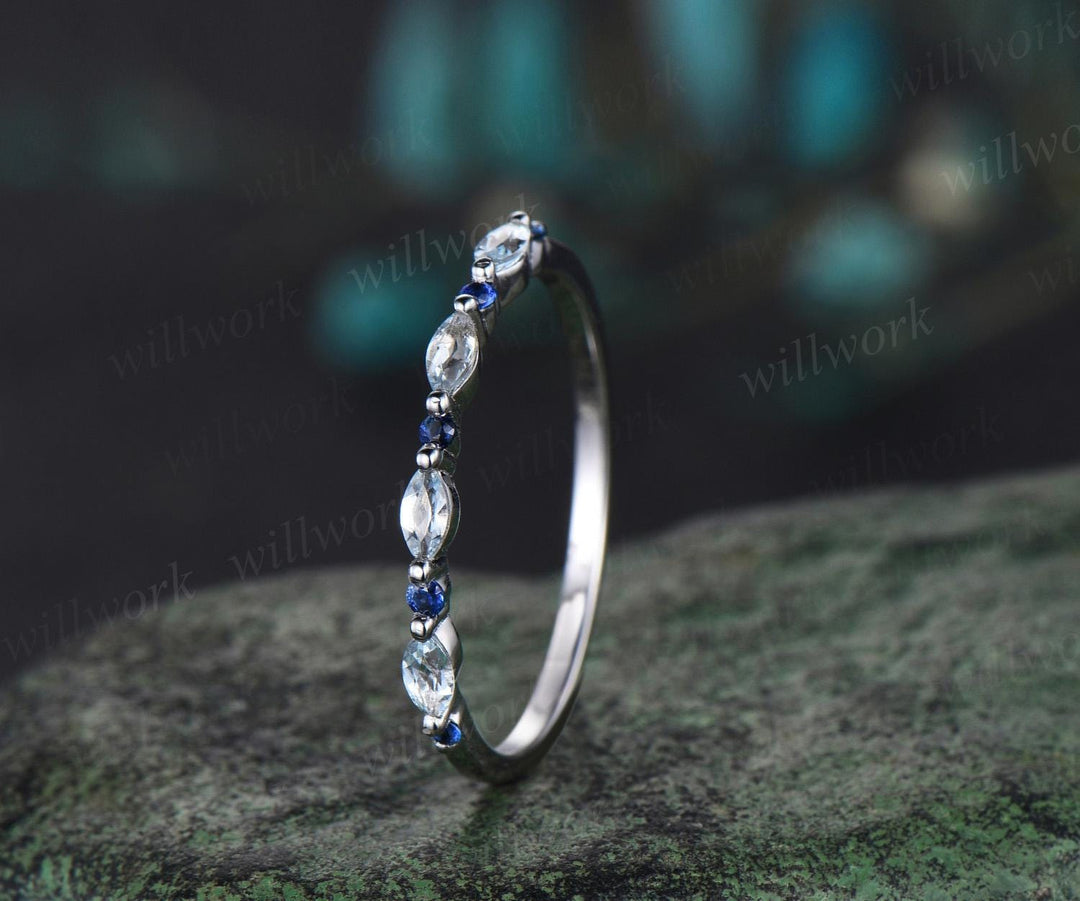 Marquise cut aquamarine wedding band art deco natural sapphire diamond wedding ring band 14k white gold anniversary bridal ring women