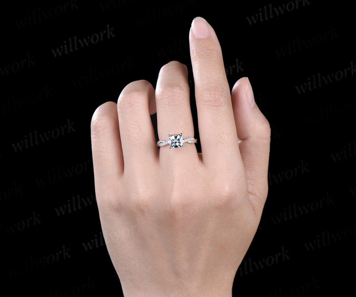 Cushion cut natural aquamarine engagement ring 14k white gold 3/4 eternity rope wrapping twisted diamond wedding promise ring women