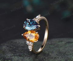 Pear citrine alexandrite engagement ring solid 14k yellow gold unique diamond wedding promise ring women jewelry