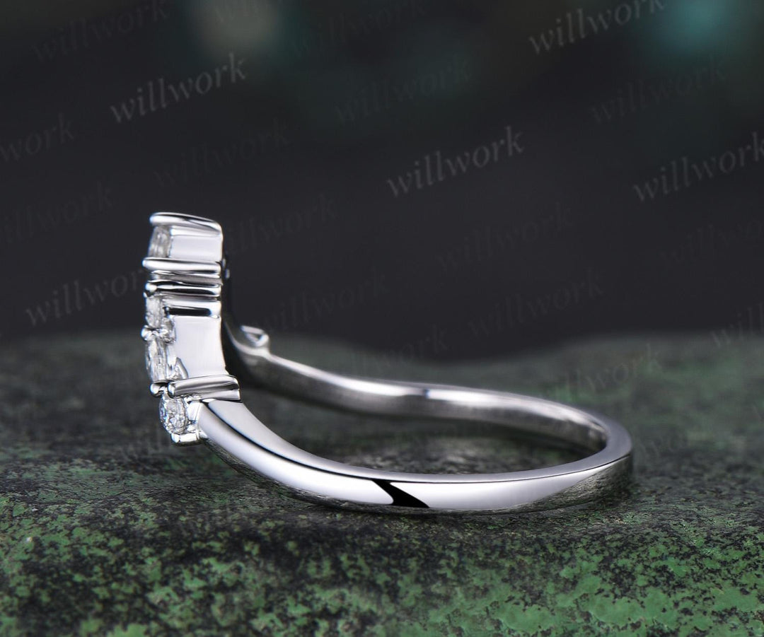 Princess marquise diamond curved wedding band solid 14k white gold stacking matching moissanite bridal ring women gift
