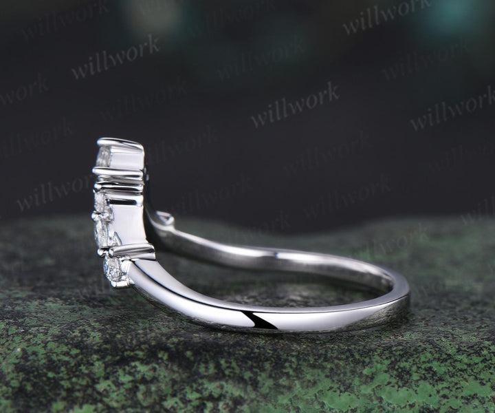 Princess marquise diamond curved wedding band solid 14k white gold stacking matching moissanite bridal ring women gift
