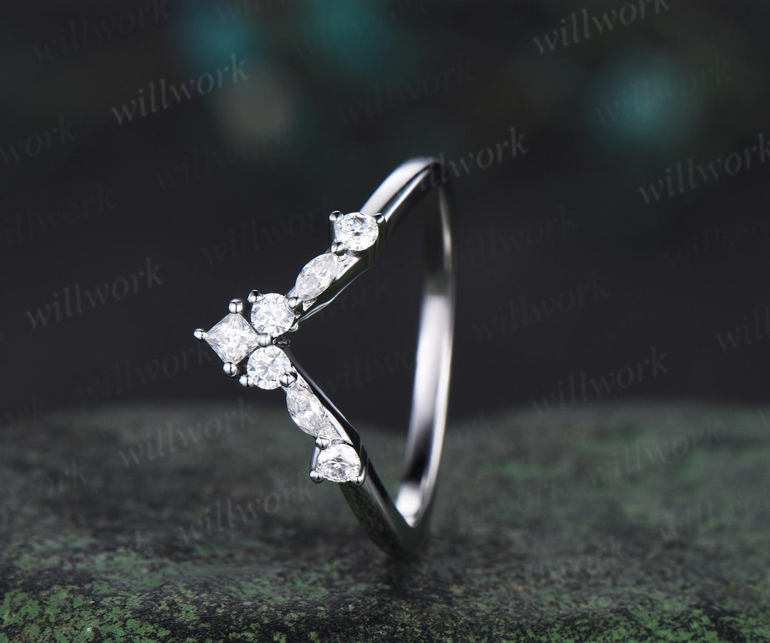 Princess marquise diamond curved wedding band solid 14k white gold stacking matching moissanite bridal ring women gift