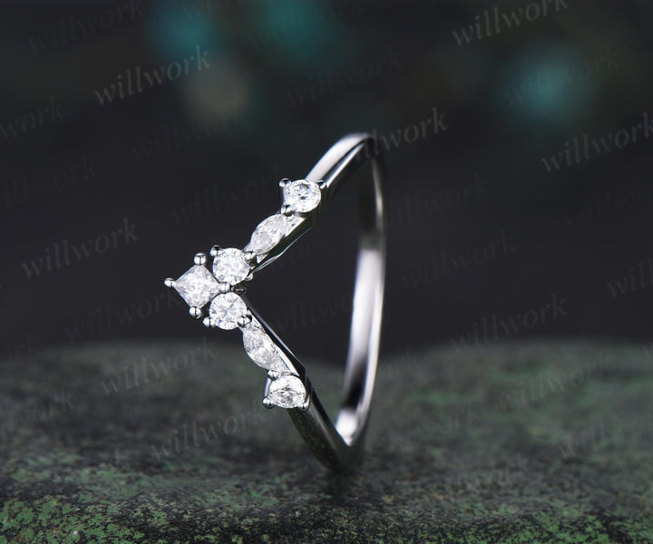 Princess marquise diamond curved wedding band solid 14k white gold stacking matching moissanite bridal ring women gift
