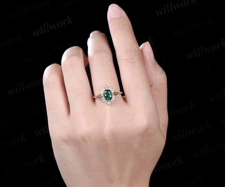 Oval cut emerald ring vintage halo princess engagement ring kite moss agate solid 14k yellow gold unique wedding ring women jewelry