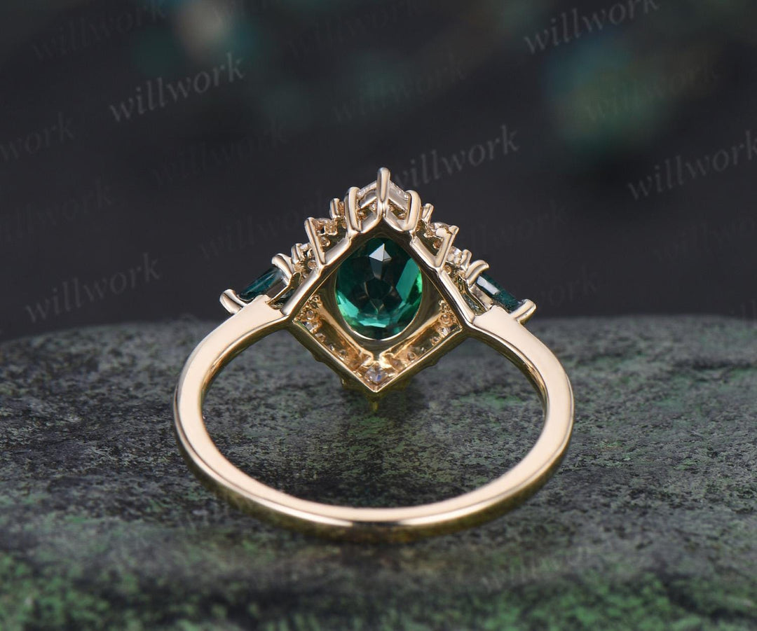 Oval cut emerald ring vintage halo princess engagement ring kite moss agate solid 14k yellow gold unique wedding ring women jewelry