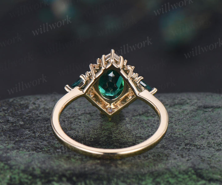 Oval cut emerald ring vintage halo princess engagement ring kite moss agate solid 14k yellow gold unique wedding ring women jewelry