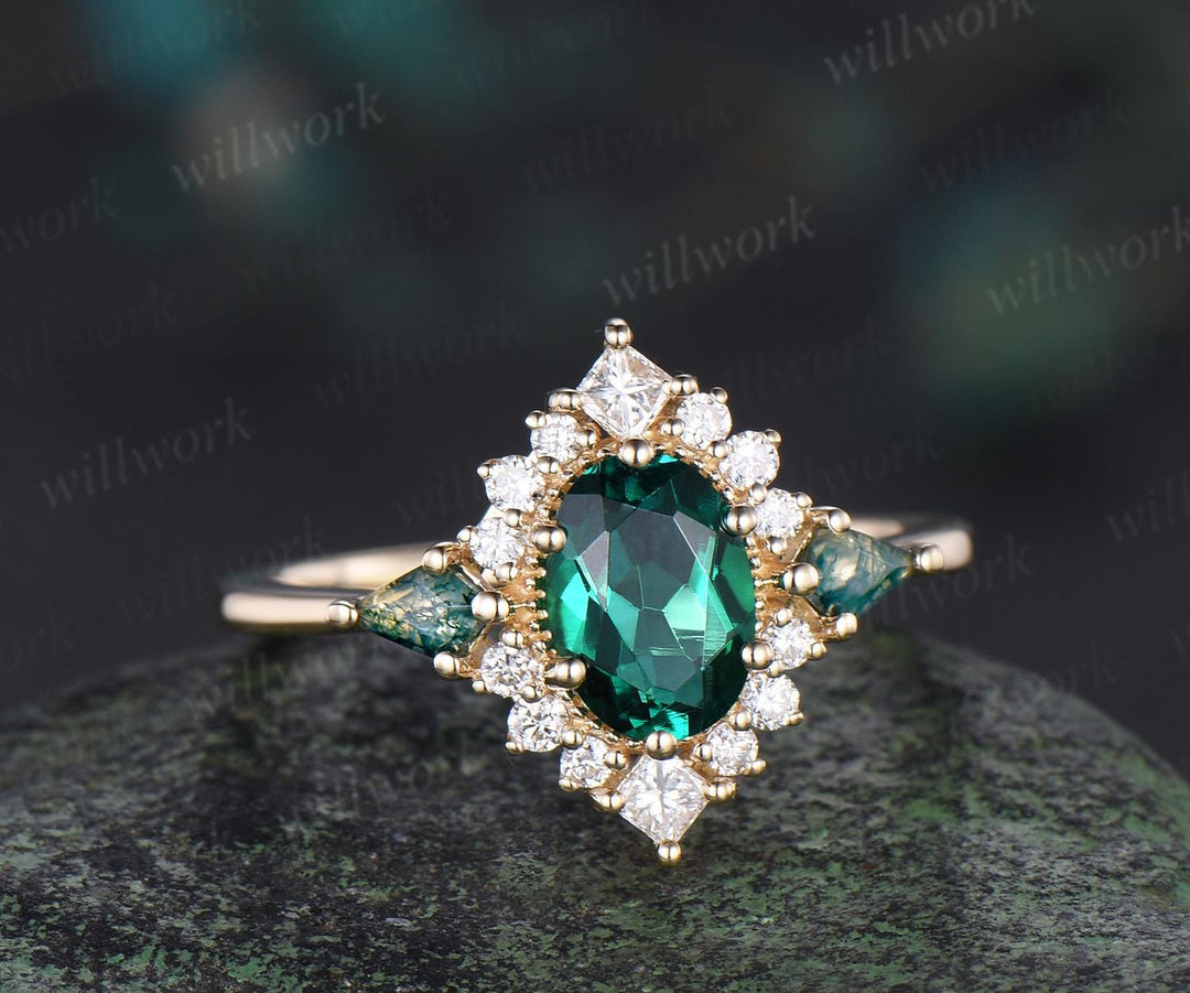 Oval cut emerald ring vintage halo princess engagement ring kite moss agate solid 14k yellow gold unique wedding ring women jewelry