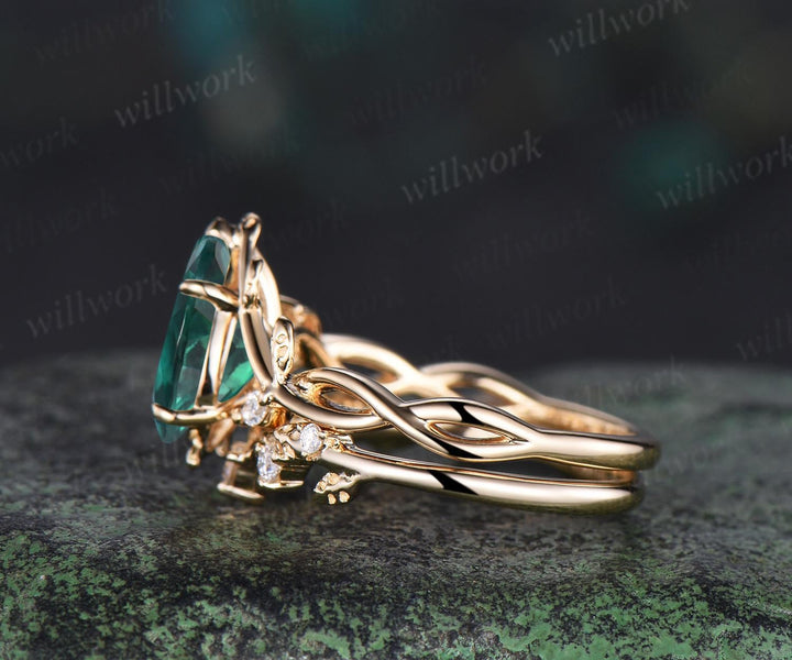 Pear cut green emerald ring vintage infinity split shank engagement ring set art deco leaf diamond ring women retro unique bridal set gift
