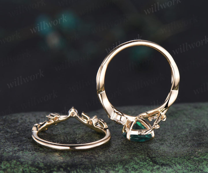 Pear cut green emerald ring vintage infinity split shank engagement ring set art deco leaf diamond ring women retro unique bridal set gift