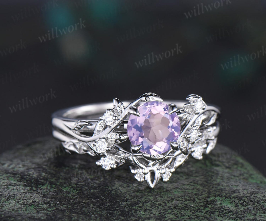 1ct round cut Lavender Amethyst engagement ring set 14k white gold leaf five stone diamond ring women nature inspired bridal set gift