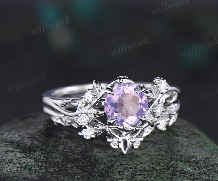 1ct round cut Lavender Amethyst engagement ring set 14k white gold leaf five stone diamond ring women nature inspired bridal set gift