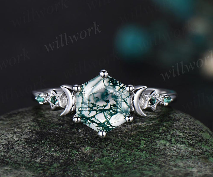 Hexagon cut moss agate engagement ring set white gold moon star emerald wedding ring set Celtic knot enhancer bridal set women jewelry