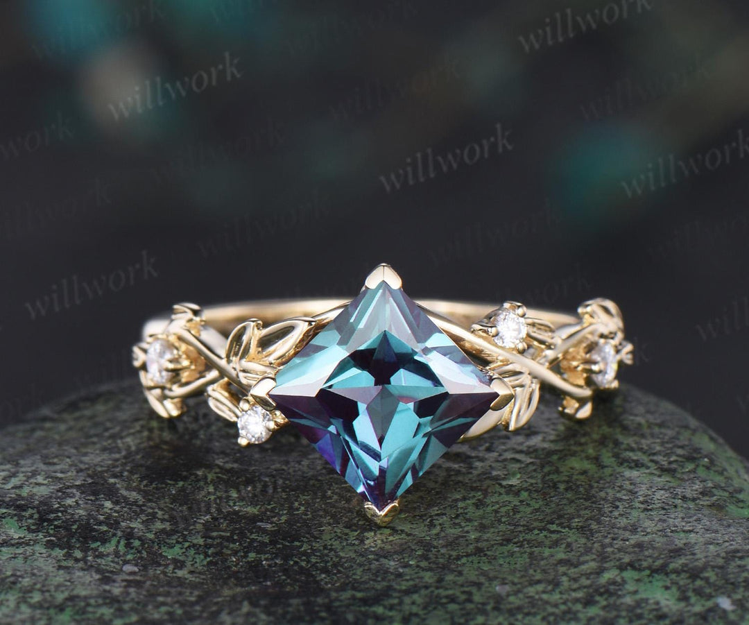 V prong princess cut alexandrite engagement ring solid 14k yellow gold five stone diamond leaf ring color change gemstone ring gift women